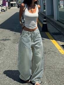 Vintage Washed Blue Straight Leg Jeans, American Loose Fit Wide Leg Full Length Casual Jeans For Women, Fashionable Spring/Summer Outfit - Washed Old Blue - View 2