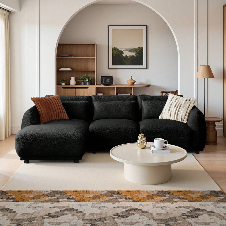 102" L-Shaped Modular Sofa With 1 Footrest, 4-Piece Free-Standing Sectional Couch With 3 Pillows, 4-Seater Plush Sectional Sofa For Living Room, Ships In 4 Packages, Living Room Furniture - 黑色 - 查看 1