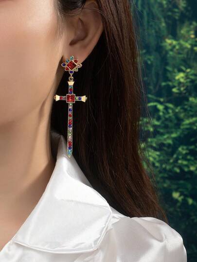1 Pair Fashionable, Exquisite, Versatile, Retro, Cute, Elegant Cross Pendant Earrings, Suitable For Dates And Gatherings
