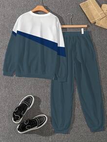 Conjunto de sudadera y pantalones de hombre con estampado de graffiti negro y parches, sudadera minimalista personalizada de cuello redondo, adecuado para correr al aire libre, ejercicio, entretenimiento, cena, versátil sudadera de cuello de tripulación para hombre, ropa de otoño