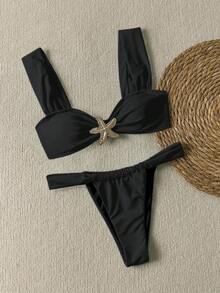 Women's Bikini Set, Basic European Style Sports Cropped Tankini Swimsuit Set, Starfish Decor Holiday Swimwear - Black - View 4