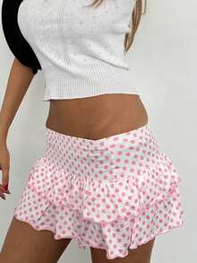 Layered Ruffle Mini Skirt For Women Summer Dots/Stripe/Heart Print/Solid Color High Waist Short Skirts - 粉色 - 查看 4