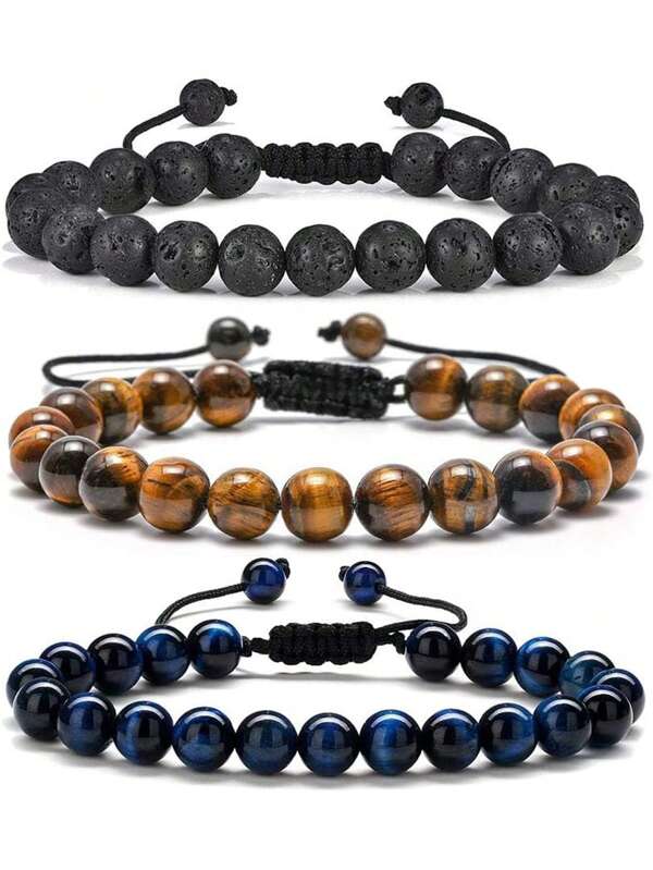 Pulsera de piedra natural para hombres - Ojo de tigre de 8 mm, ágata mate, piedra de lava - Para cumpleaños de adolescentes, aniversarios, regalos de Navidad