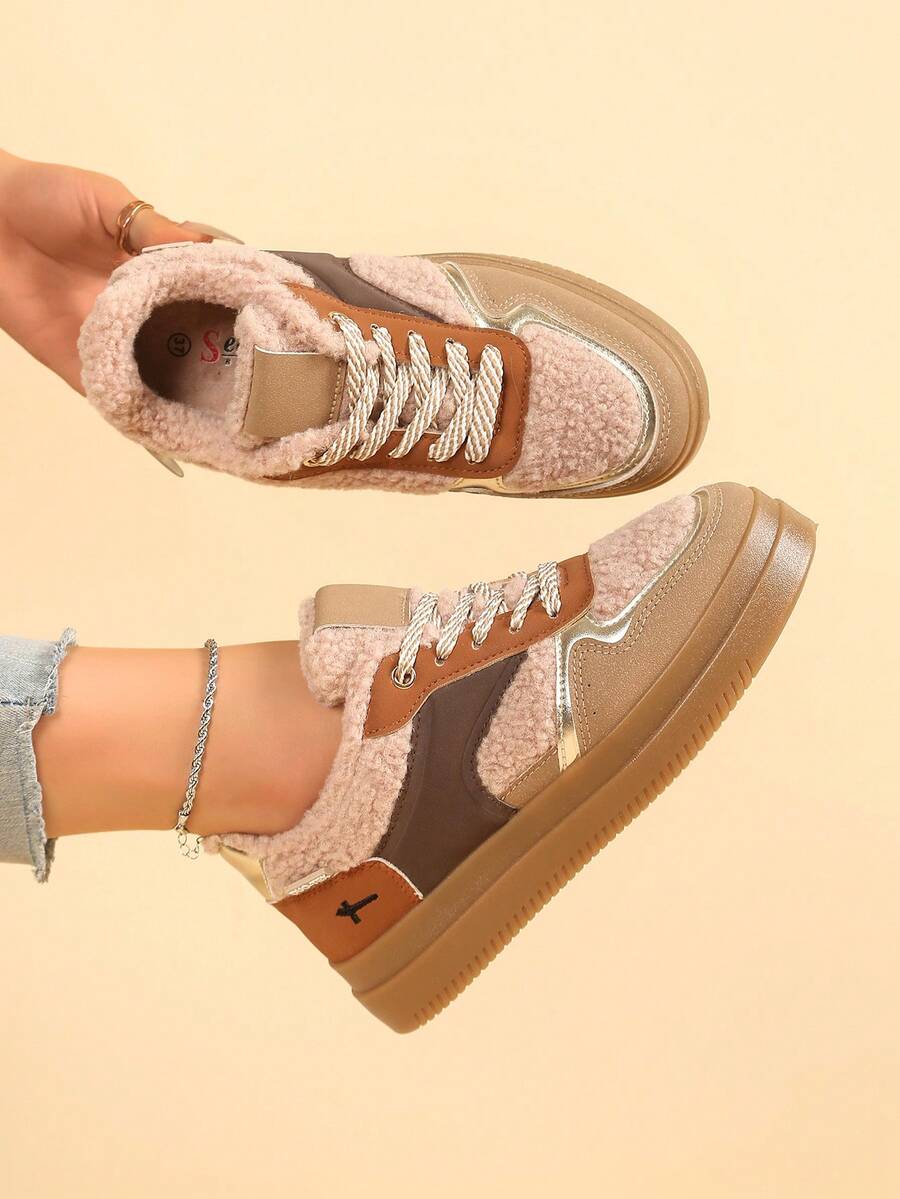 Women's Casual Sneakers With Lace-Up, Thick Sole, Thermal Lining, Warm And Fashionable, Autumn/Winter - Khaki - View 1