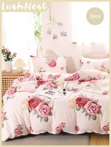 花卉羽绒被套装浪漫农舍床上用品套装 3 件超柔软透气超细纤维粉色花朵花园床上用品被套带拉链 1 个羽绒被套 2 个枕套无被子女士礼物