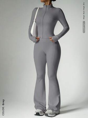 FWH Conjunto de 2 piezas listo para la calle, cintura con control de abdomen + mangas con agujero para el pulgar, de gimnasio a calle, con cierre frontal inspirado en corsé, con estiramiento en 4 direcciones, cintura antideslizante, chaqueta con detalles de cremallera y pantalones que realzan el trasero, conjunto que aumenta la confianza, chaqueta con cierre frontal y pantalones acampanados para mujer