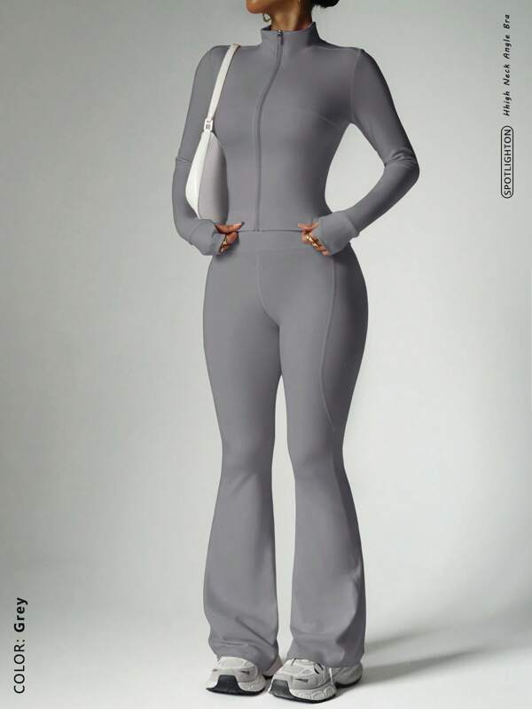 FWH Ensemble 2 pièces prêt pour la rue, contrôle du ventre + manches avec trou pour le pouce, du gymnase à la rue, zip avant inspiré du corset, stretch 4 sens, bande de taille antidérapante, détail de fermeture éclair sur la veste sculptante + pantalon levant les fesses, ensemble boostant la confiance, veste zippée et pantalon évasé pour femmes