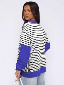 Loose Contrasting Striped Sweatshirt With Slit For Autumn And Winter Casual Slimming Top For Women