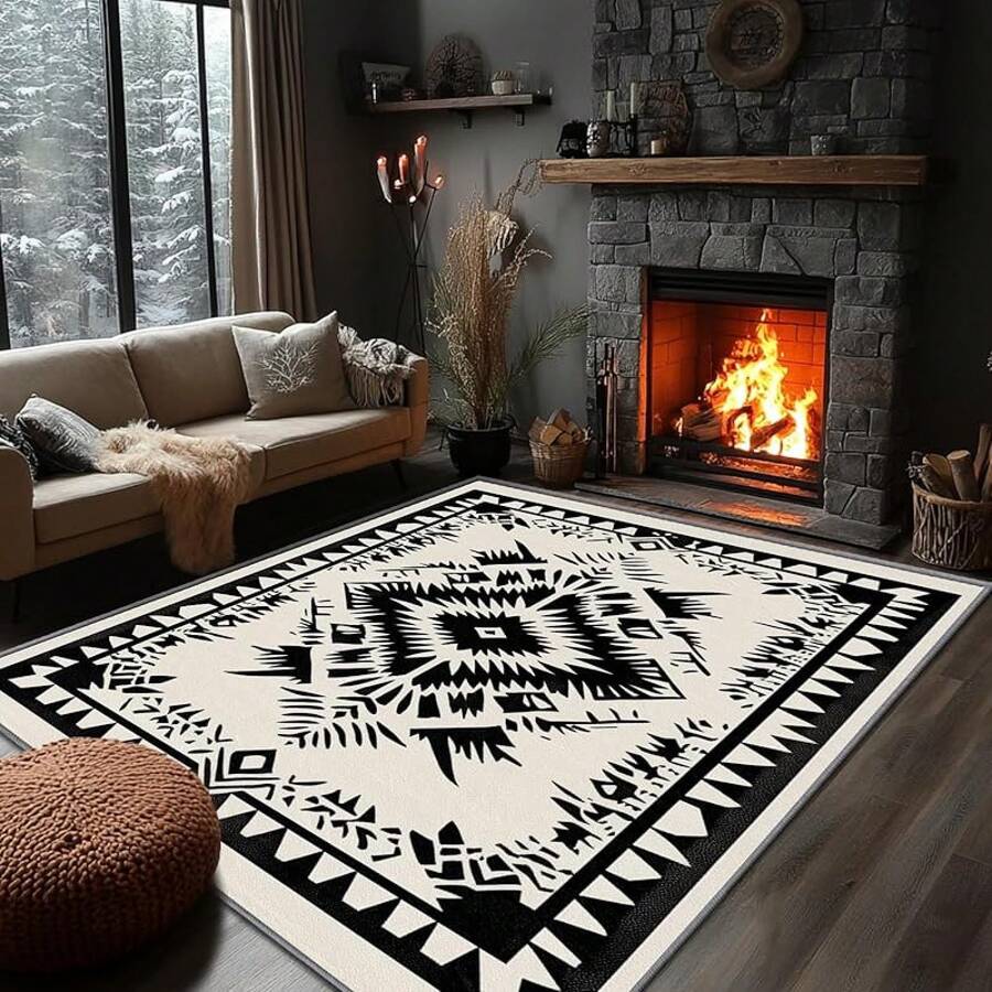 3x5 Rugs, 2x3 Rug, Southwestern Rustic Area Rug, Colorful Geometric Door, Washable & Non - Slip Small Carpet, Home Decor - Black White - 查看 1