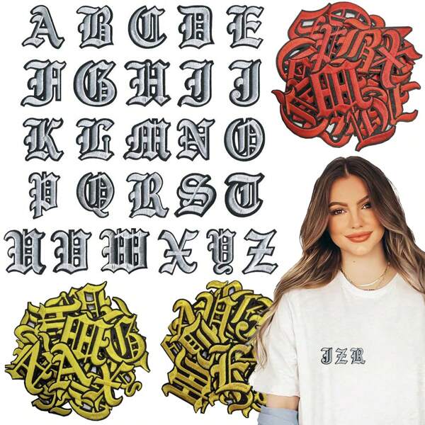 1pc 26pcs Black Border Letter Embroidered Patch, Iron-On Applique Sewing Accessory