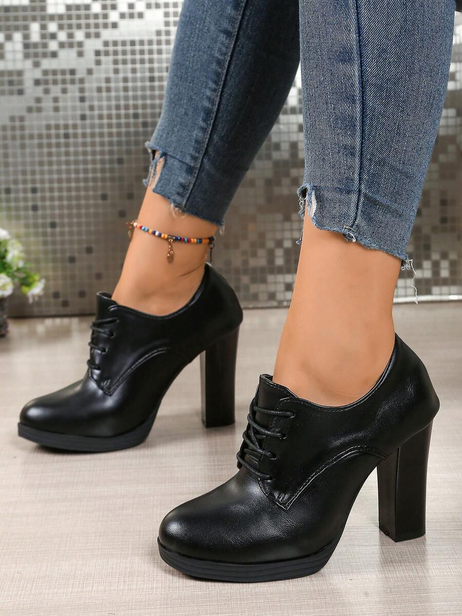 Fashionable High-End Elegant Vintage Minimalist Sophisticated Black Lace-Up Chunky Heel Women's High Heels, Western Style PU Leather Lace-Up Party Shoes - Black - View 1