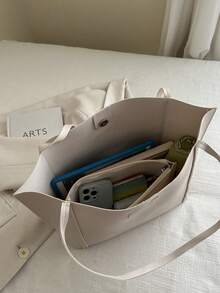 2pcs Women's Solid Color Embroidered Thread Fashion Large Capacity Shoulder Tote Bag With Snap Closure - White - View 6