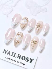 nailrosy 10片手工穿戴式假指甲組，杏仁形，粉色與銀色蝴蝶珍珠貓眼，優雅極簡老錢風，現代清新韓日風，簡約法式中性經典創意亮面閃粉漸層假指甲組 - 粉色 - 查看 2