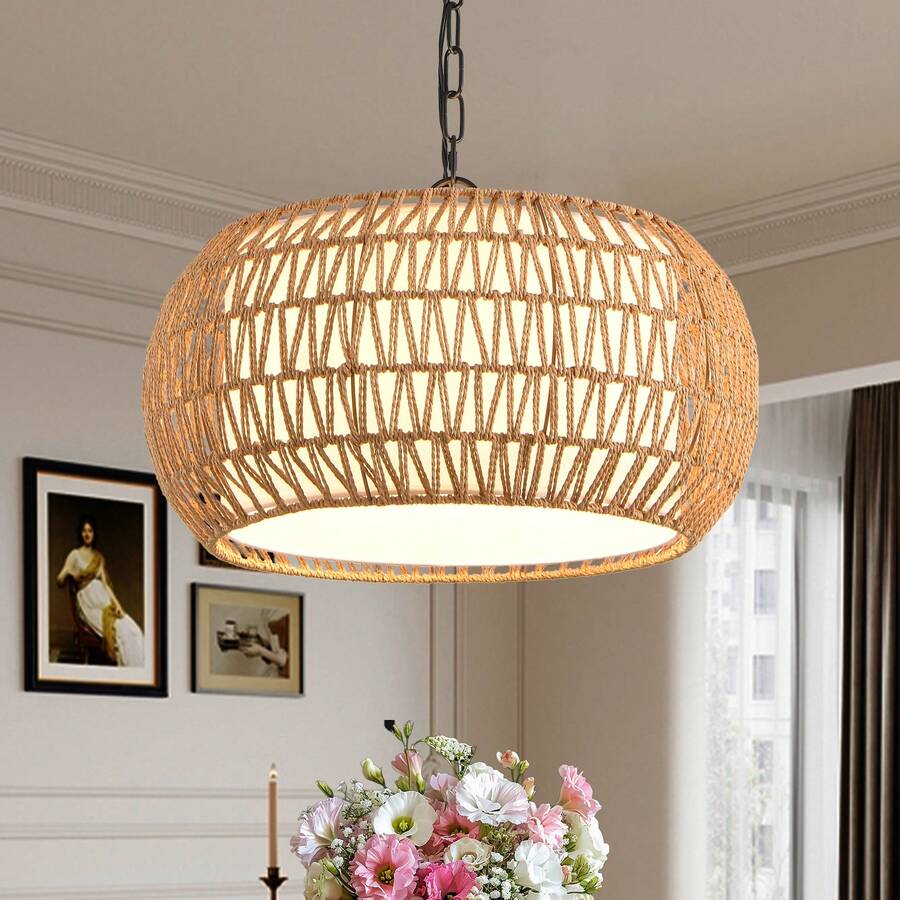 18 Inch Farmhouse Pendant Light With Adjustable Height, Boho Woven Jute Rope Hanging Ceiling Light Fixture, E26 Base, 60W Max, Compatible With Flat, Vaulted, And Sloped Ceiling (Bulb Not Included) - 5-light - View 1
