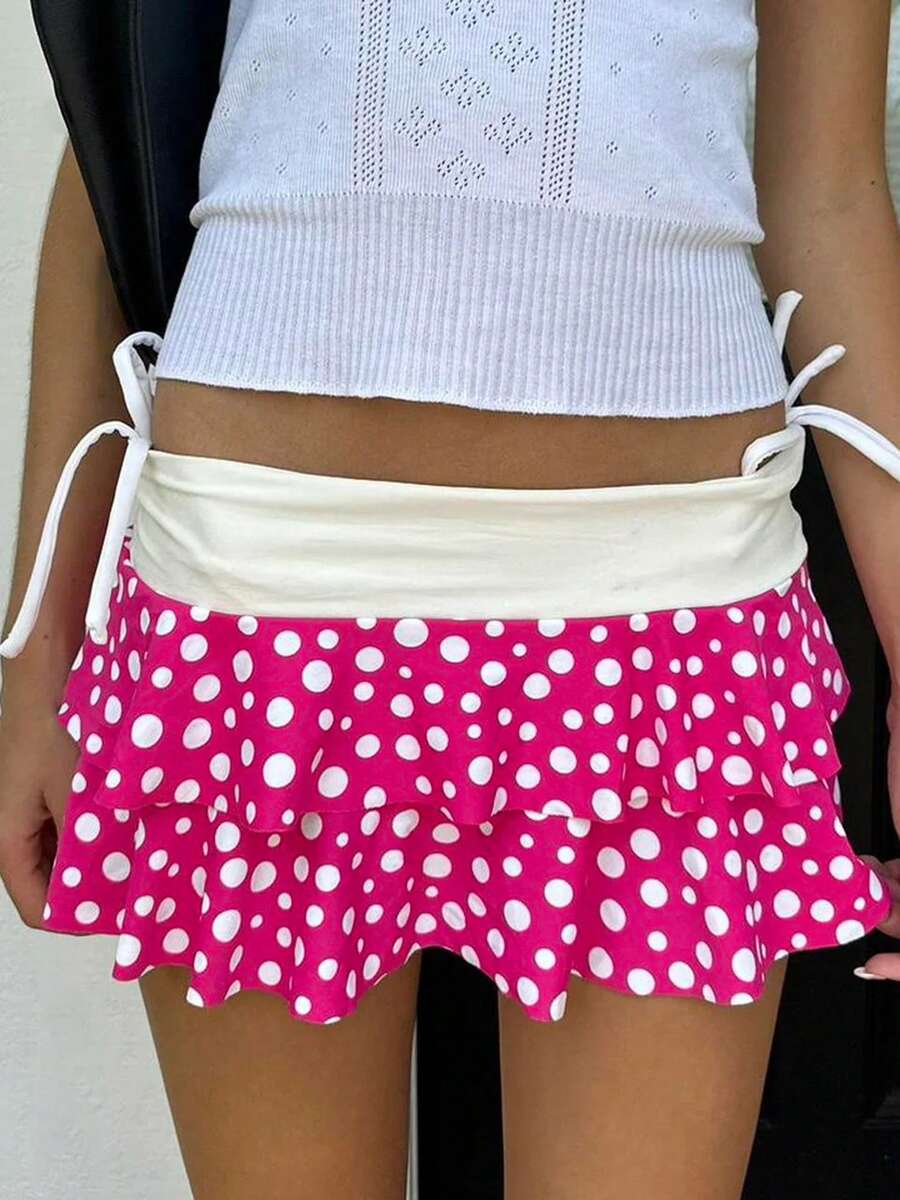 Layered Ruffle Mini Skirt For Women Summer Dots/Stripe/Heart Print/Solid Color High Waist Short Skirts - Purple - View 1