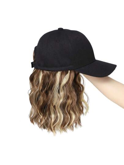 12 Inch Wavy Curly Blonde Brown Synthetic Wig Hat Adjustable Baseball Cap Wig For Women With Mix Brown Blonde Hair Extensions Daily Use
