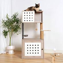 OMCPET Cat Tree Large Cat Tower With Litter Box Enclosure, All-In-One Cat Tower For Indoor Cats With Cat Bed, Food Bowl Station, Scratching Posts And Openable Cabinet Doors, Modern Style Pet Furniture, Cat Condo For Adult Cats Kittens - Grey - View 3