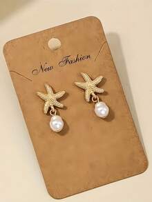 1 Pair Of Women's Starfish Pearl Earrings, Gold Shell Starfish Earring, Thick Pendant Earrings, Suitable For Summer Beach Swing Jewelry. Women's Starfish Pearl Earrings, Gold Shell Starfish Earring, Thick Pendant Earrings, Suitable For Summer Beach Swing Jewelry - Vàng - Xem 3