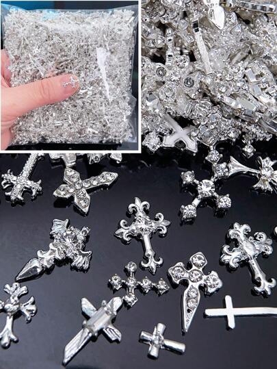 20/50/100pcs 3D Silver Cross Nail Art Decoration, Korean Style Alloy Cross Nail Pendant, Y2K Metallic Nail Accessories, Goth Punk Shiny White Crystal Nail Gems, DIY For Acrylic Nail Stickers, Phone Cases, Shoes, Clothes, Bags, Etc. Nails Nail Supplies