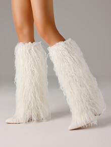 Y2k Style Women's Chic Pointed Toe Knee High Boots Fluffy Fur Chunky Heel Nightclub Party Club Shoes - 白色 - 查看 2
