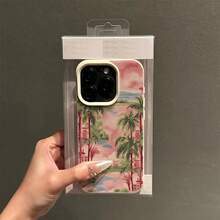 1 pieza Funda de teléfono con patrón de paisaje tropical con palmeras de material TPU rosa, compatible con iPhone/teléfonos, versión internacional, no la versión nacional - Blanco - Ver 3
