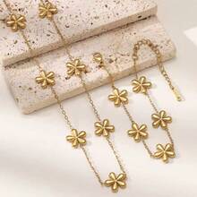 Nuevo conjunto de collar y pulsera de acero inoxidable con diseño floral, chapado en oro de 18K, apto para uso diario o joyas para vacaciones en la playa