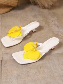 Soft Leather Square Toe Wide Strap Slide Sandals, Thong Sandals With Kitten Heels, Versatile Stilettos Flip Flops For Women - White - View 2