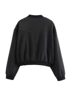 Áo khoác bomber nữ màu đen dáng rộng, cổ đứng, tay dài, kiểu dáng thường ngày, có túi và cúc phía trước, thích hợp cho mùa xuân và mùa thu. - màu đen - Xem 3