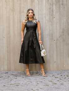 Elegant Long Leather Dress With Belt - Black - View 4