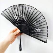 1/3 chiếc Quạt gấp bằng tre phong cách Trung Hoa và Nhật Bản thanh lịch cổ điển có tua rua - Quạt cầm tay mùa hè di động, thích hợp cho đám cưới, tiệc tùng, quà tặng cho bạn thân, quà tặng trở lại trường, làm mát mùa hè và trang trí nhà cửa, thiết kế đen trắng với họa tiết hoa, phụ kiện tiệc | Quạt trang trí | Quạt nhẹ. - Nhiều màu - Xem 10