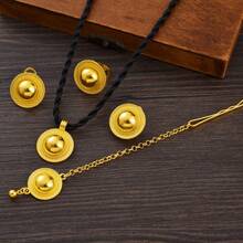 African Classic Jewelry Set, Women's Elegant Minimalist Jewelry, Golden Color Geometric Pendant Necklace, Earrings, Ring, Headchain, Saudi Arabia Bride Wedding Gift - A - View 6