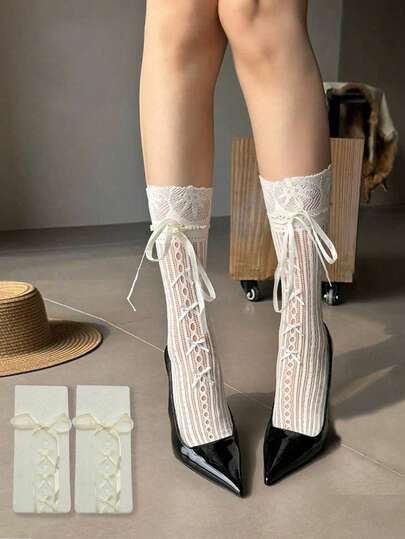 1/2 Pair Lolita Lace Trim Knee High Socks, Bow Decor Mid-Calf Socks, Suitable For Street Style With Mary Jane Shoes, Loafers, Shoes, Exclusive Christmas Gift, Unique New Year Gift For Family, Joyful Valentine's Day Gift For Girlfriend