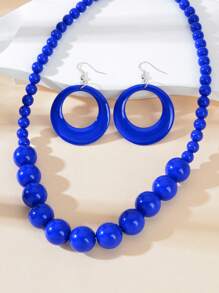3 Pcs Bohemian Vacation Eye-Catching Jewelry Set Plastic Beads Collar Necklace And Circle Dangle Earrings Exaggerated Jewelry Set - Royal Blue - View 3