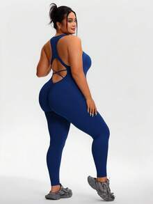 Plus Size Women Seamless High Elasticity Workout Jumpsuit, Criss-Cross Backless Sexy Spaghetti Strap, Outdoor Fitness Yoga Suit, Solid Color, Slim Fit, Daily Wear - Navy Blue - View 2