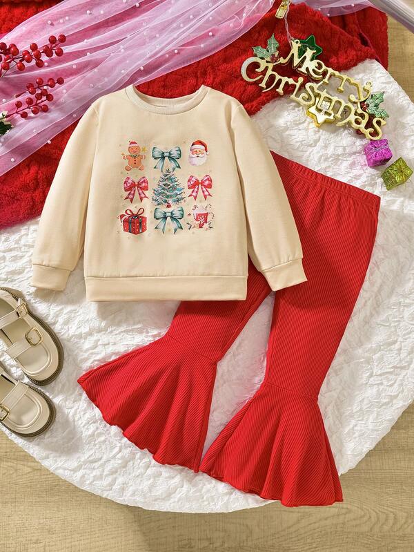 Conjunto de suéter de manga larga estampado y pantalones acampanados para fiesta de Navidad para bebés niñas