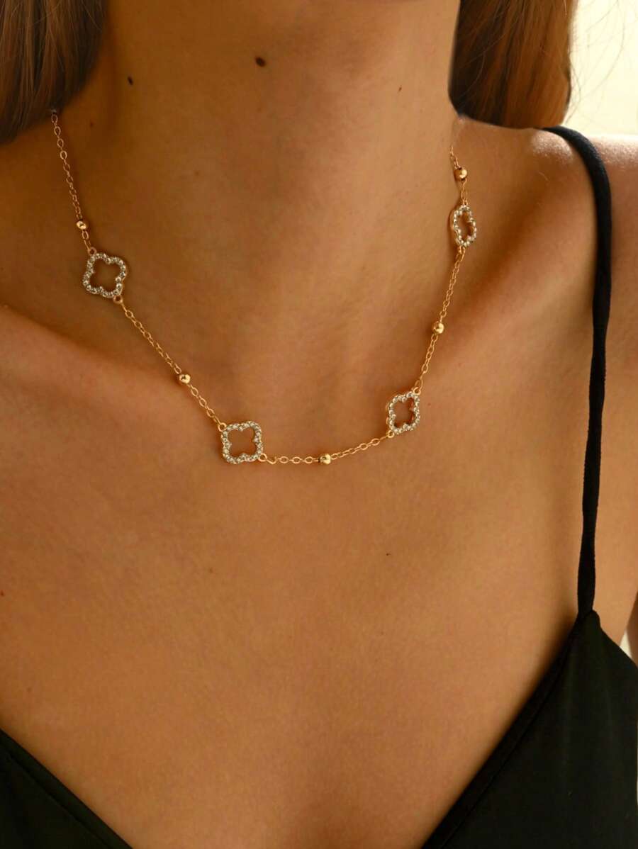 1pc Cubic Zirconia Clover Decor Necklace, Fashionable Flour-Leaf Clover Pendant Beaded Chain Necklace, Stainless Steel Waterproof Jewelry For Women Dating Gift Or Daily Party Wear