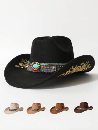 1 件女士刺绣装饰帽，欧美风格的西部牛仔帽，时尚简约男女通用软呢帽，适合日常佩戴、派对、西部主题活动、角色扮演、音乐节