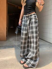 修身灰蓝格子休闲裤百搭拼接腰带抽绳阔腿宽松直筒裤