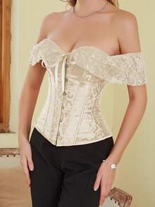 Áo corset ren jacquard hai lớp xếp nếp kiểu cung đình cổ điển, hở vai, thiết kế cài nút phía trước và buộc dây phía sau, thân áo corset thắt eo màu mơ, thích hợp cho tiệc trà Lolita, đám cưới, Halloween. - Màu be - Xem 4