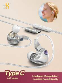 D8 手工棒钻石时尚耳机带线 USB C 耳机有线耳塞，水晶般清晰的声音耳机，HiFi 入耳式耳机 - 带麦克风的隔音耳塞 - 清晰的声音，深沉的低音和舒适的佩戴耳机