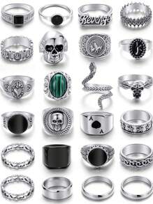 12 件男士复古银朋克戒指套装，酷炫哥特式粗戒指散装，骷髅蛇黑桃 A 孔雀石可堆叠嬉皮指节戒指套装，时尚男士珠宝礼物男士戒指男士珠宝 - 彩色 - 查看 11