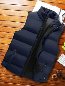 男士保暖加厚背心，简约百搭夹棉无袖夹克，宽松版型，秋冬 - 藏蓝色 - 查看 4