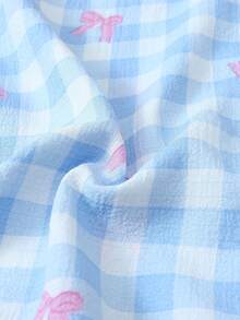 [Elegant Fields]2pcs Plaid Bow Print Pajama Set, Long Sleeve Lapel Top And Bowknot Pants, Women Sleepwear Loungewear, Autumn/Winter, Fall Clothes - Baby Blue - View 8