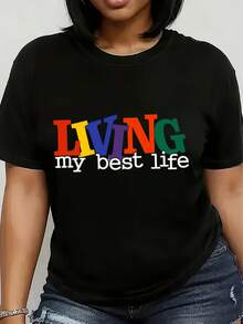 Living My Best Life" Colorful Graphic Tee For Women- Casual Crew Neck, Short Sleeve, Breathable T-Shirt- Machine Washable, Soft& Comfortable Fabric - màu đen - Xem 2