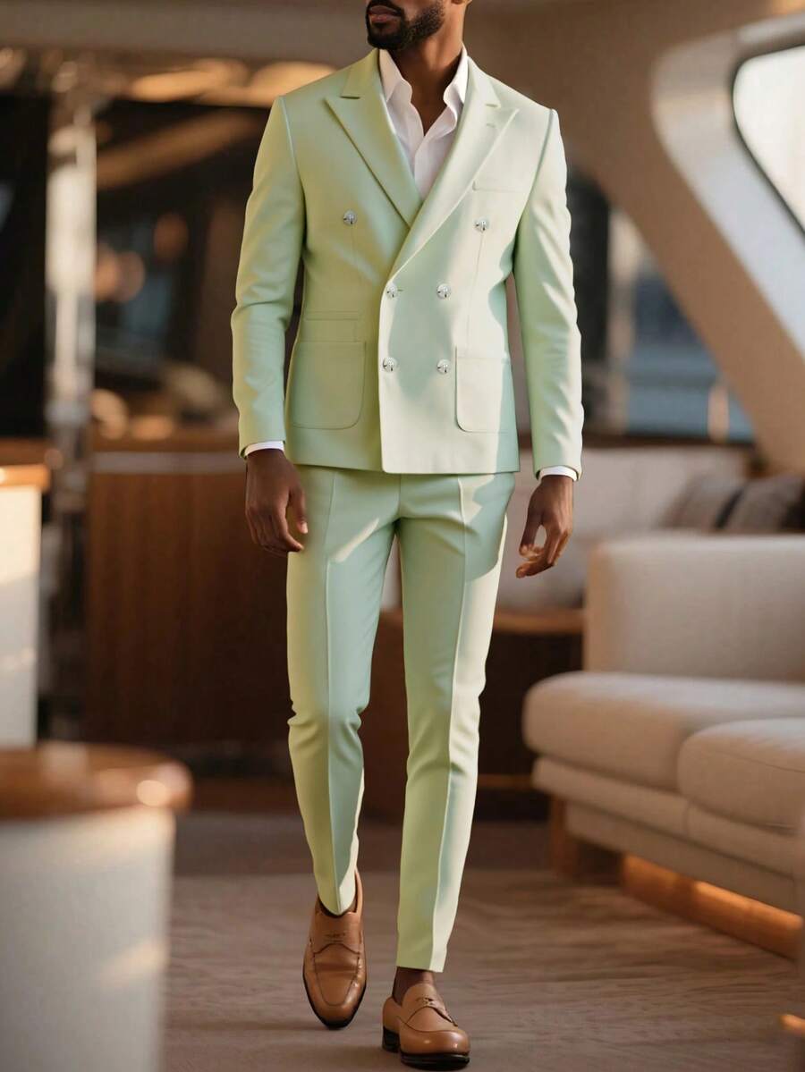 2 piezas Conjunto de traje de hombre, estilo británico chaqueta blazer de doble botonadura y pantalones, adecuado para uso casual, de negocios, bodas, fiestas, banquetes