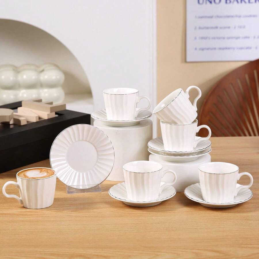 3oz/90ml Minimalist Ceramic Coffee Cup & Saucer Set, Suitable For Kitchen, Dining Room, Office, Tea Party, Arabic Coffee Cup, Espresso Cup, Tea Cup Set - White Gold B - View 1