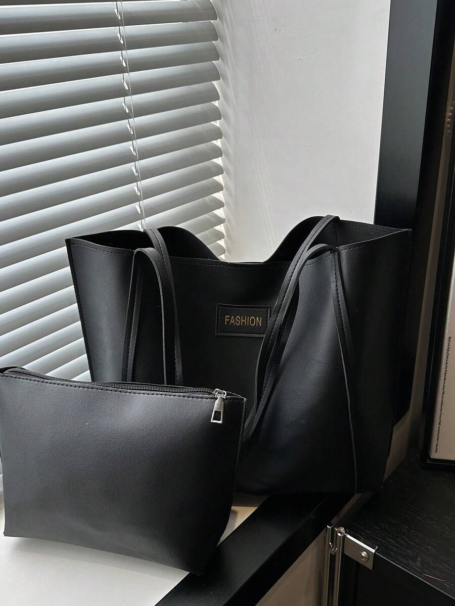 2pcs Women's Solid Color Embroidered Thread Fashion Large Capacity Shoulder Tote Bag With Snap Closure - Black - View 1