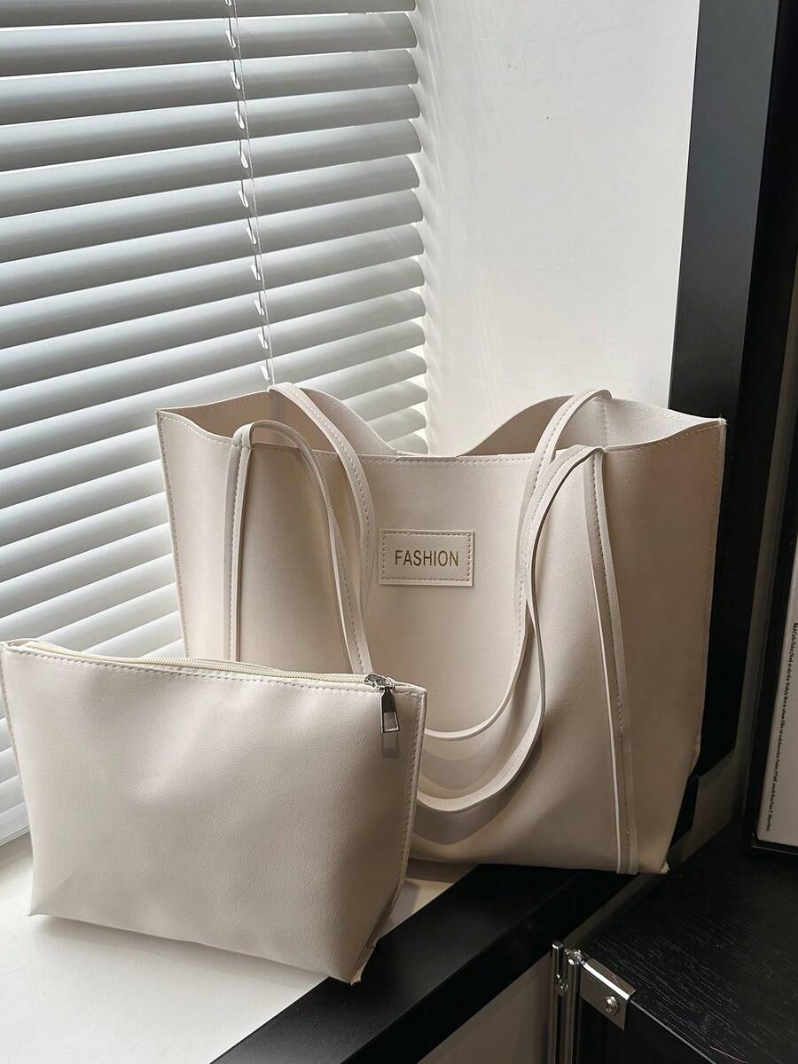 2pcs Women's Solid Color Embroidered Thread Fashion Large Capacity Shoulder Tote Bag With Snap Closure - White - View 1