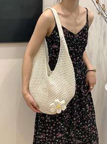 Hollow Out Weave Straw Bag Bohemian Beach Handbag Hollow Tote Bag Large Capacity Shopping Beach Bag Fashion Hollow Out Weave Straw Bag Beach Handbag Bohemian Style Beach Bag Slouchy Style Large Capacity Hollow Tote Bag Vacation