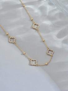 1pc Cubic Zirconia Clover Decor Necklace, Fashionable Flour-Leaf Clover Pendant Beaded Chain Necklace, Stainless Steel Waterproof Jewelry For Women Dating Gift Or Daily Party Wear